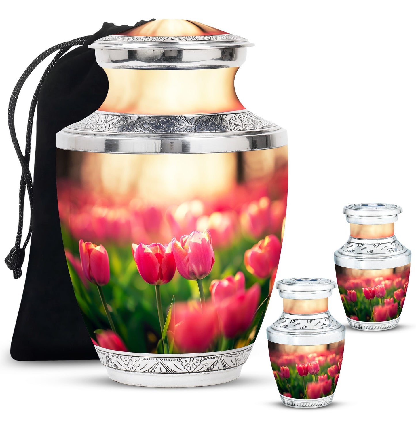 Tulip Theme Large Urn With 2 Keepsake Urn