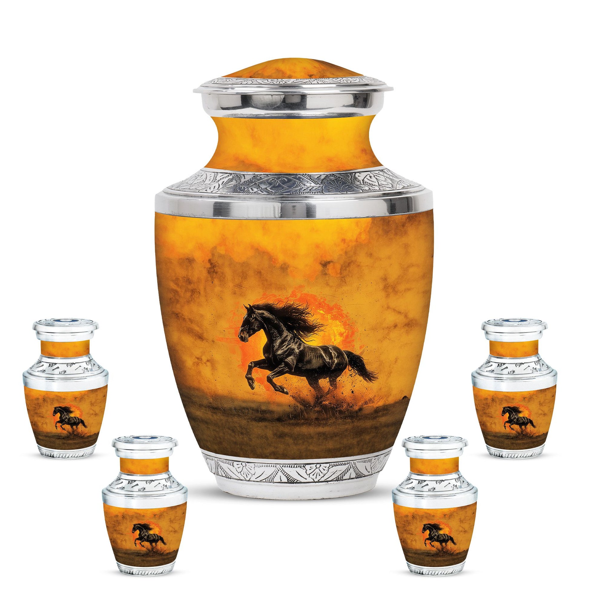 Horse Theme Large Urn With 4 Keepsake Urn