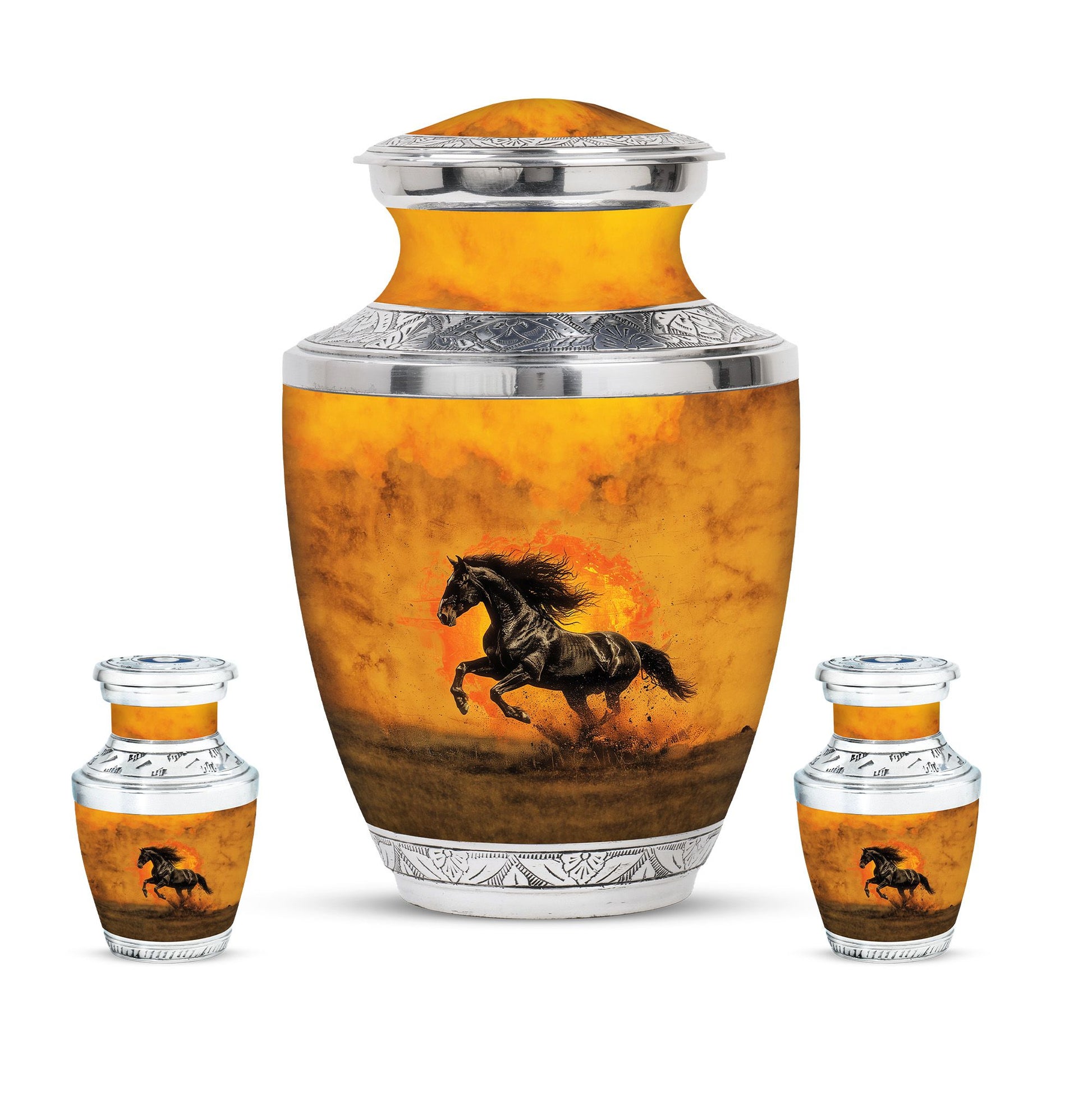 Horse Theme Large Urn With 2 Keepsake Urn