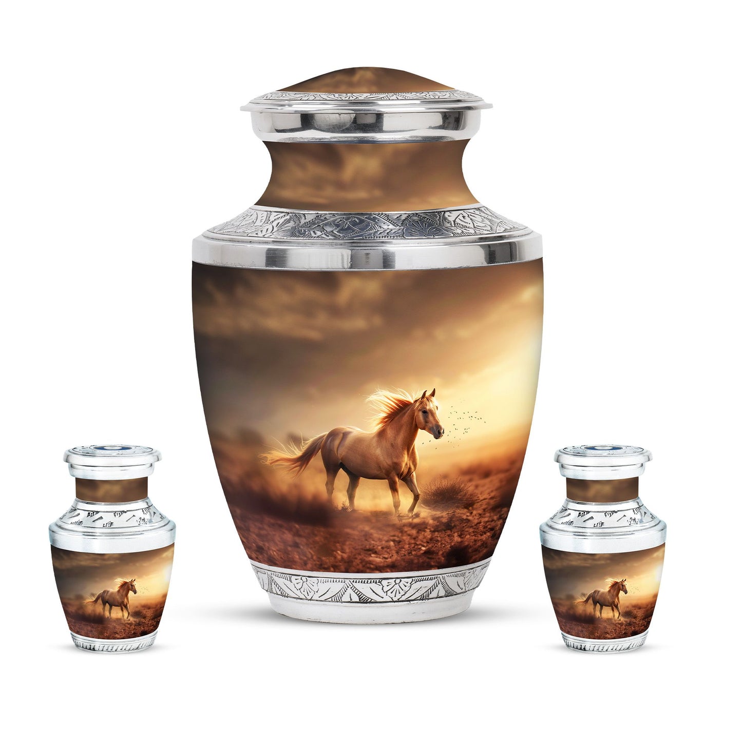 Horse Theme Large Urn With 2 Keepsake Urn