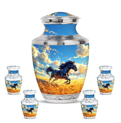 Horse Theme Large Urn With 4 Keepsake Urn