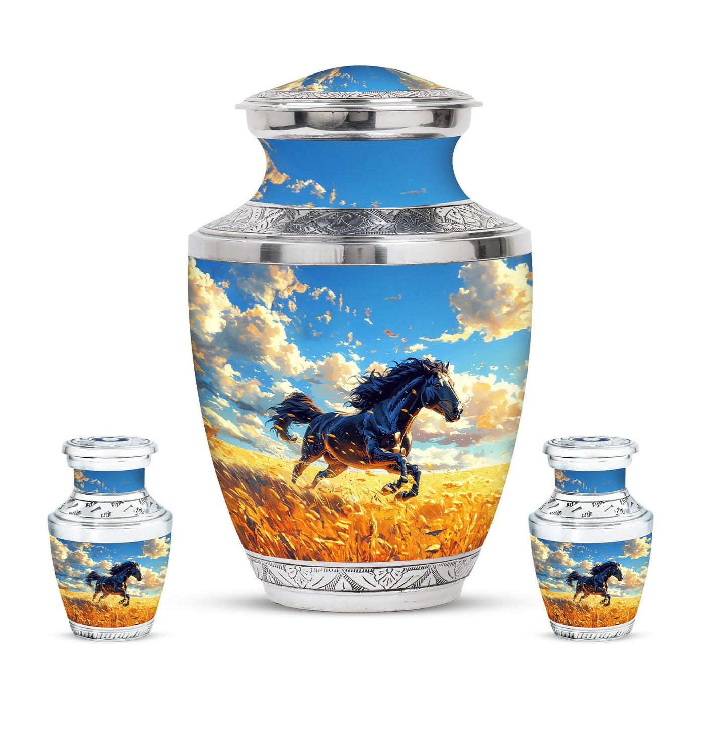 Horse Theme Large Urn With 2 Keepsake Urn