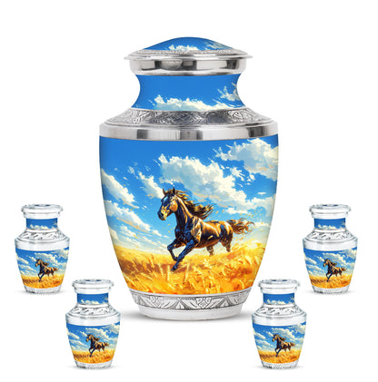 Horse Theme Large Urn With 4 Keepsake Urn