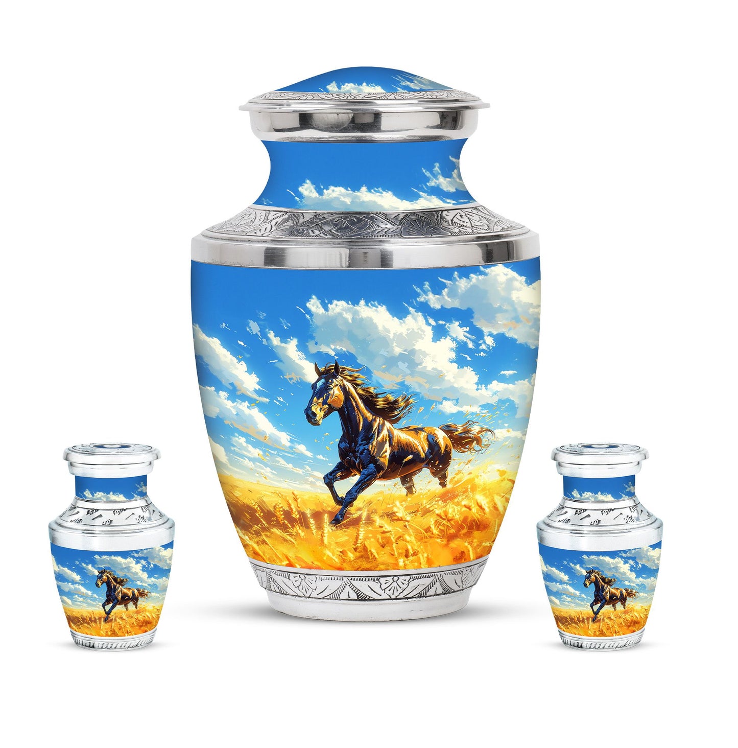 Horse Theme Large Urn With 2 Keepsake Urn