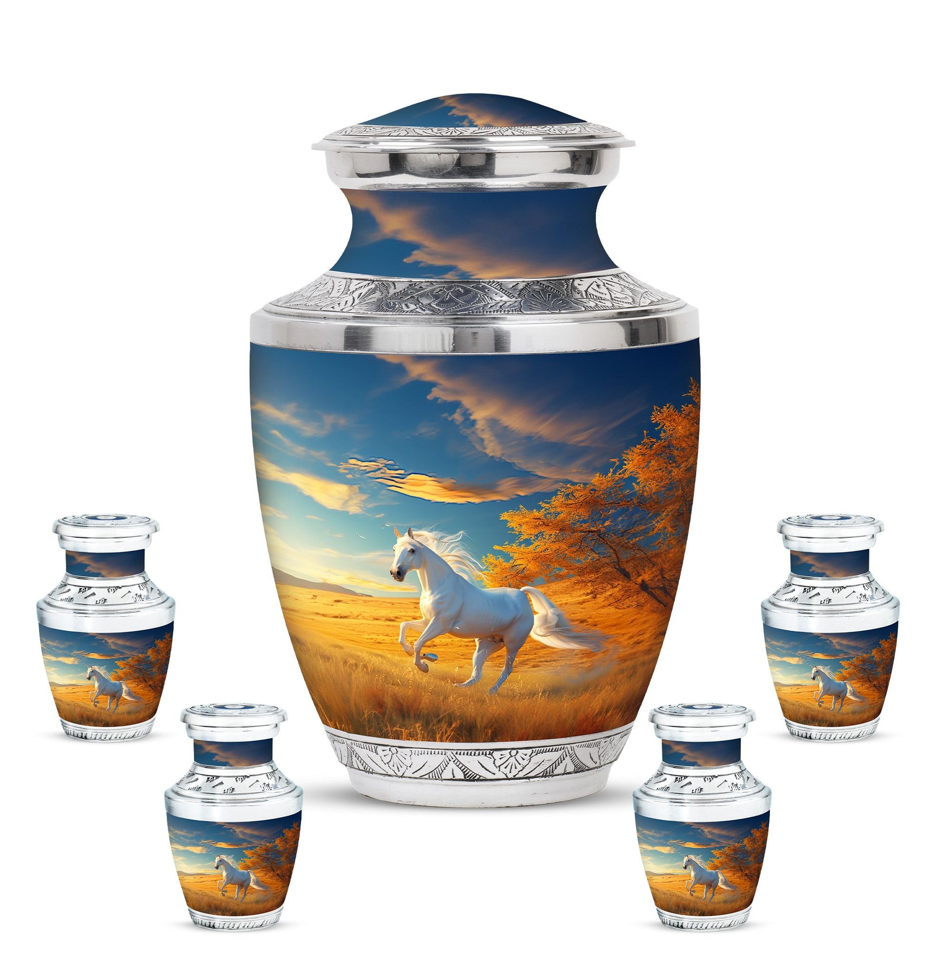 Horse Theme Large Urn With 4 Keepsake Urn