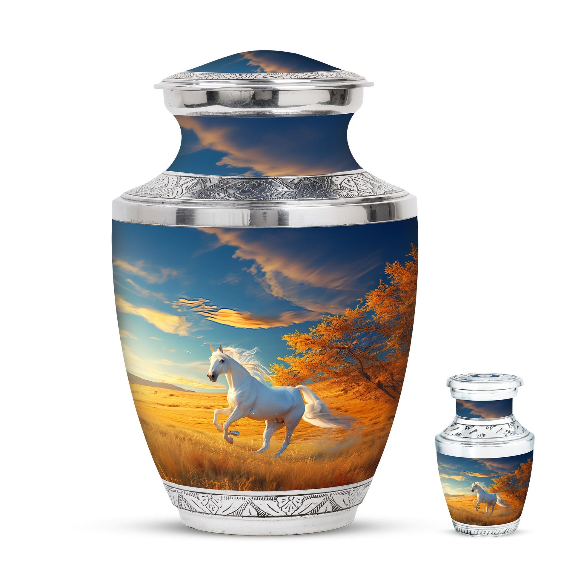 Horse Theme Large Urn With 1 Keepsake Urn