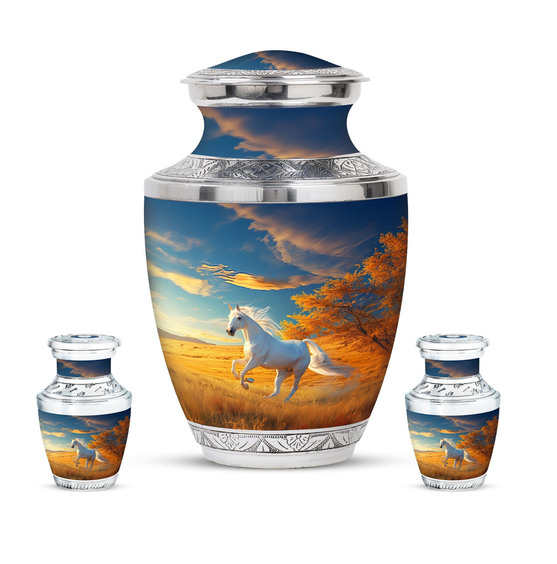 Horse Theme Large Urn With 2 Keepsake Urn