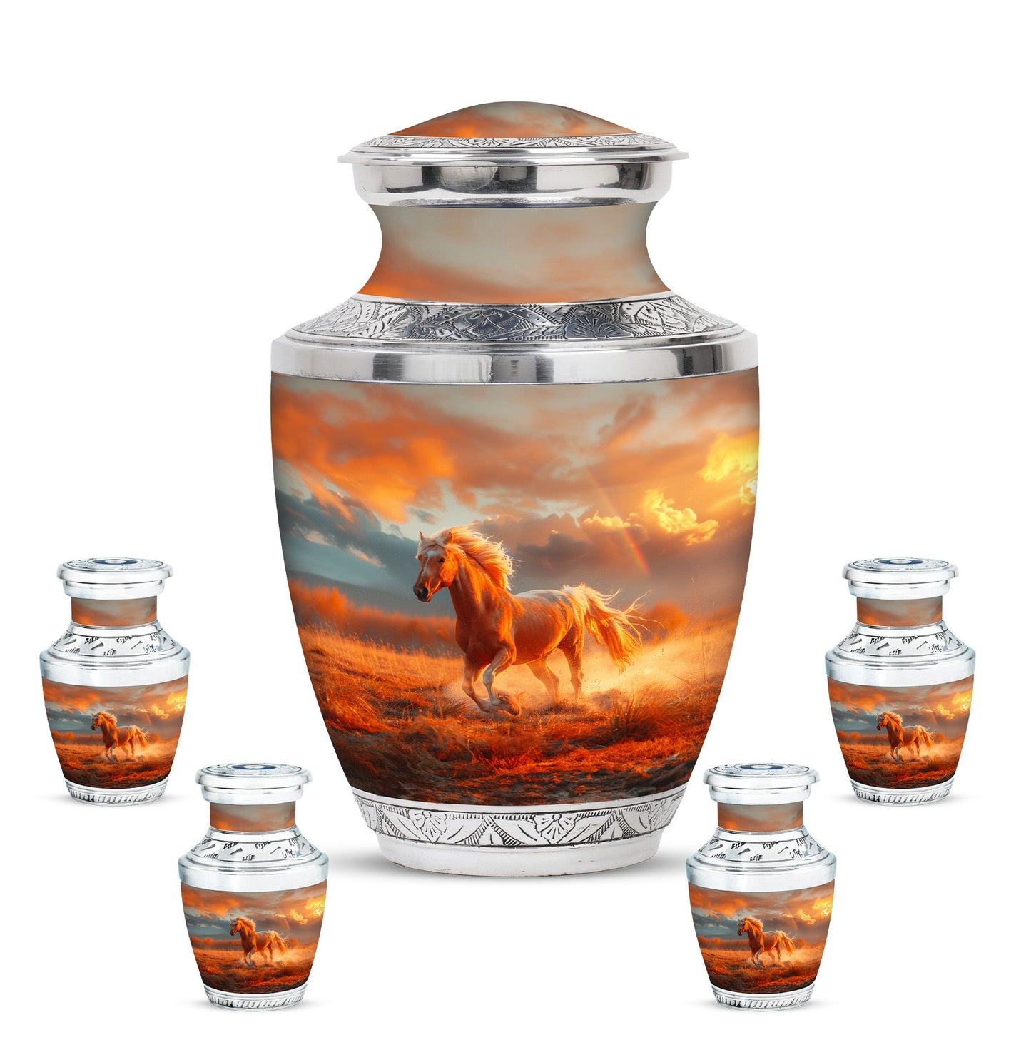 Horse Theme Large Urn With 4 Keepsake Urn