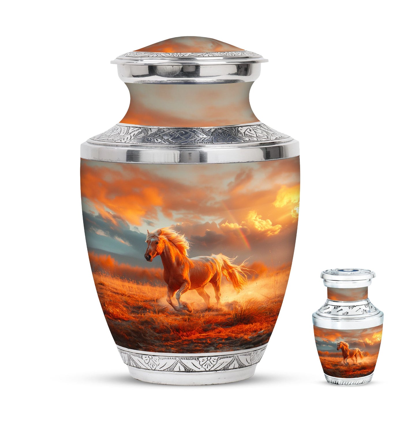 Horse Theme Large Urn With 1 Keepsake Urn