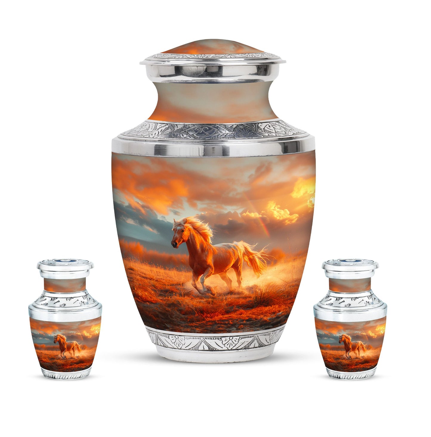 Horse Theme Large Urn With 2 Keepsake Urn