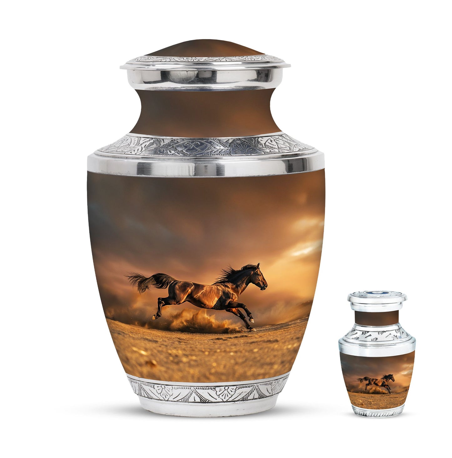 Horse Theme Large Urn With 1 Keepsake Urn