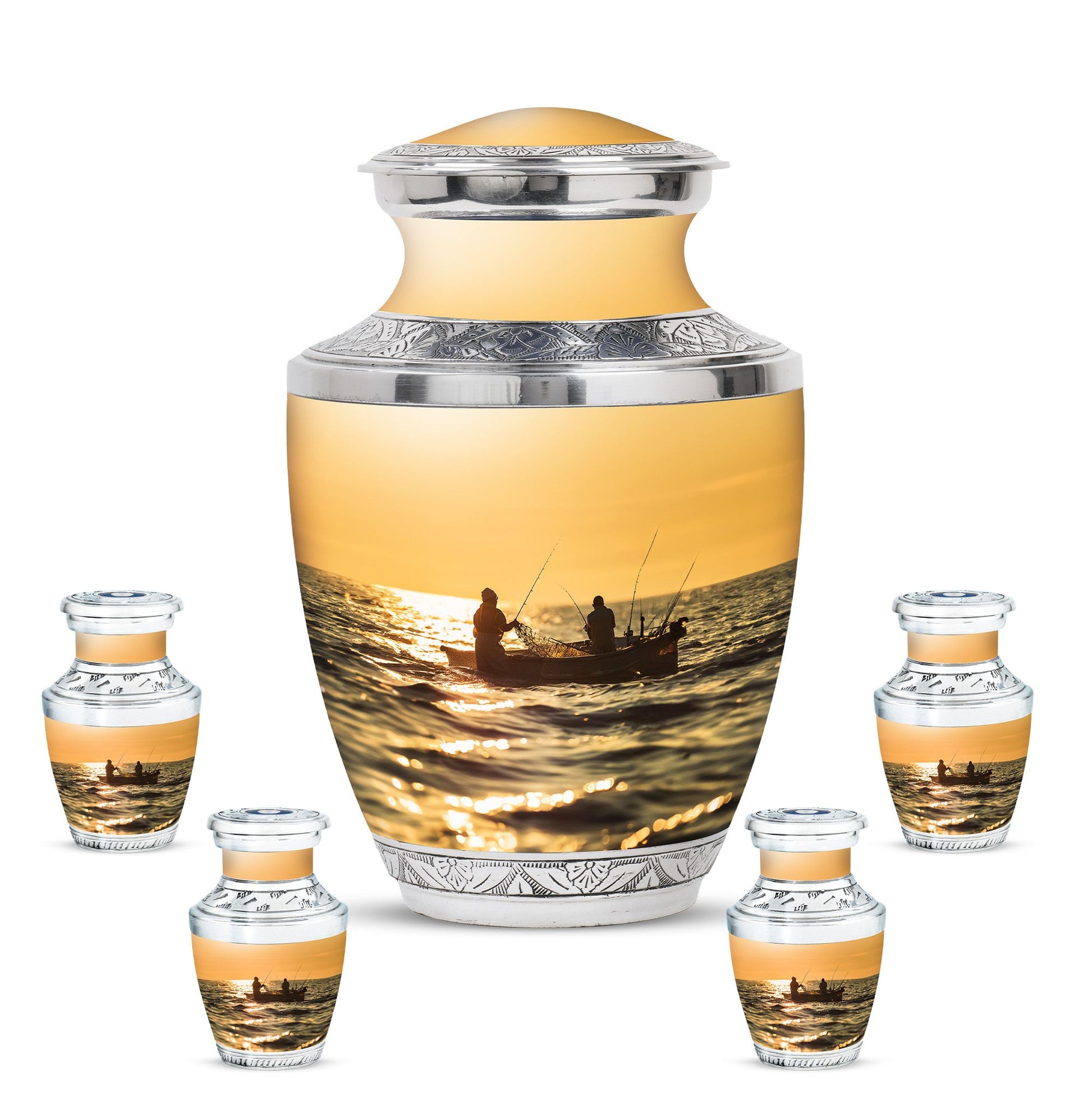 Fishing Theme Large Urn With 4 Keepsake Urn