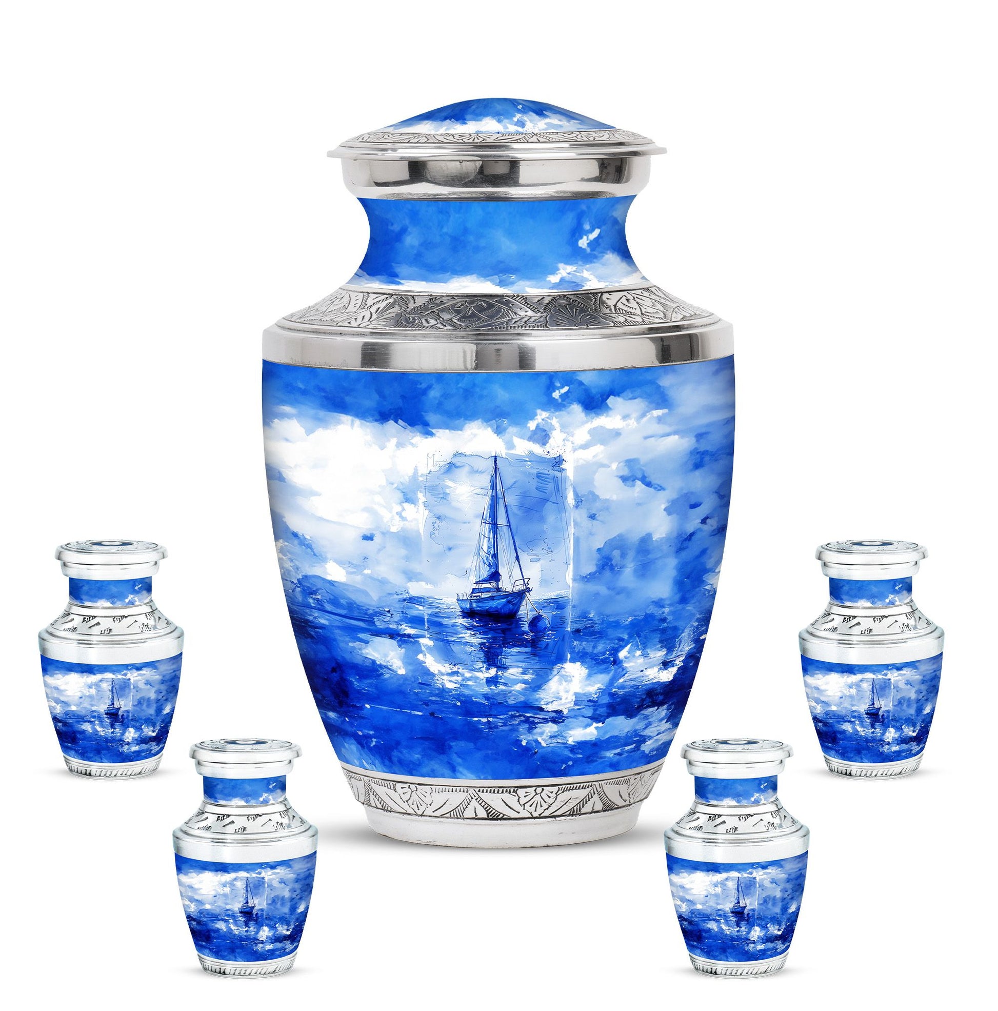 Fishing Theme Large Urn With 4 Keepsake Urn