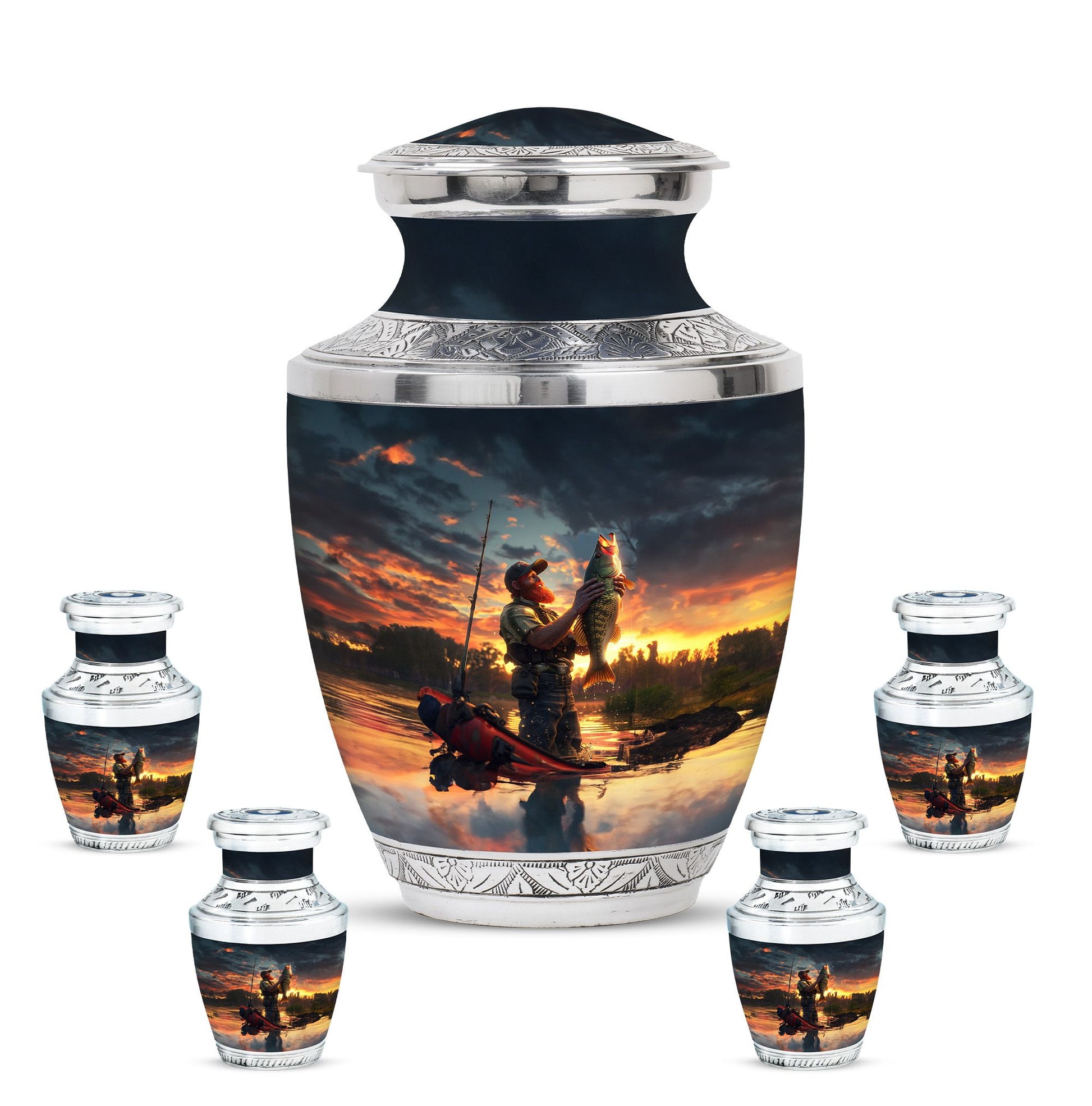 Fishing Theme Large Urn With 4 Keepsake Urn