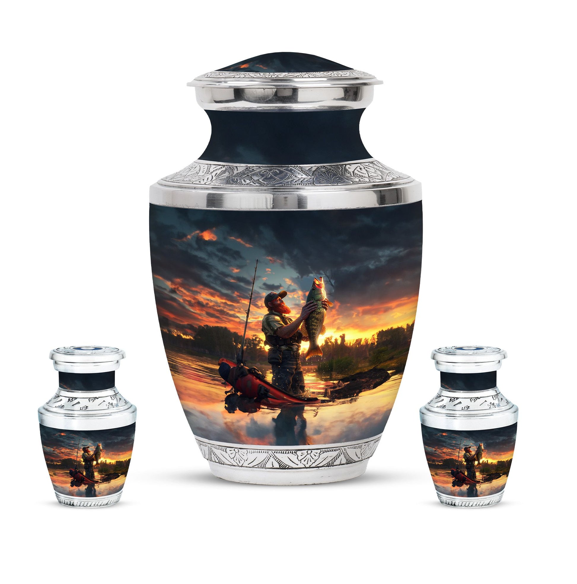 Fishing Theme Large Urn With 2 Keepsake Urn