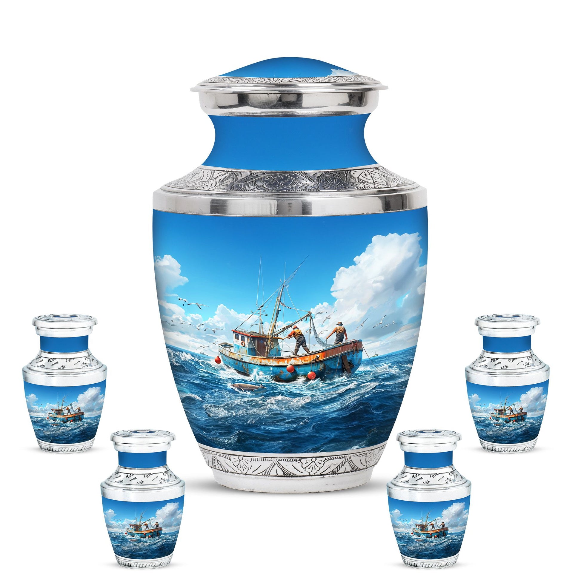 Fishing Theme Large Urn With 4 Keepsake Urn