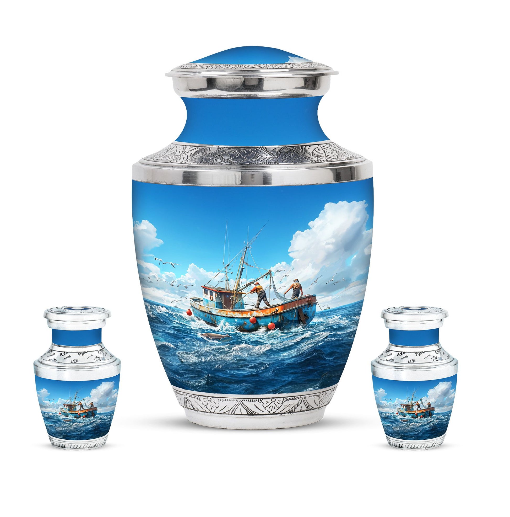 Fishing Theme Large Urn With 2 Keepsake Urn