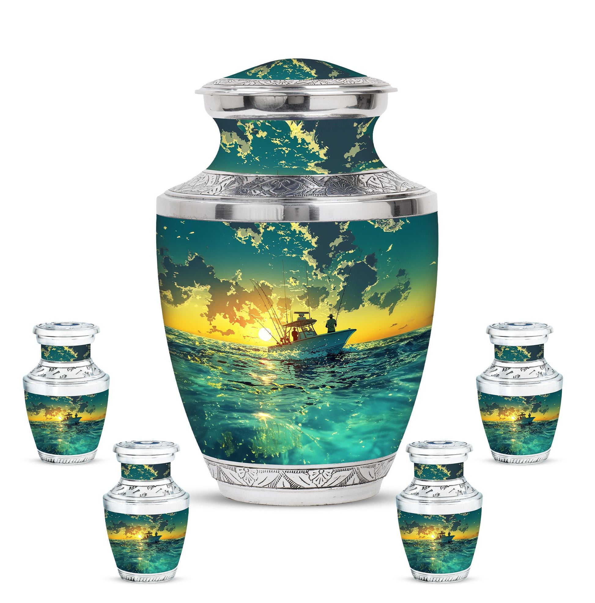 Fishing Theme Large Urn With 4 Keepsake Urn