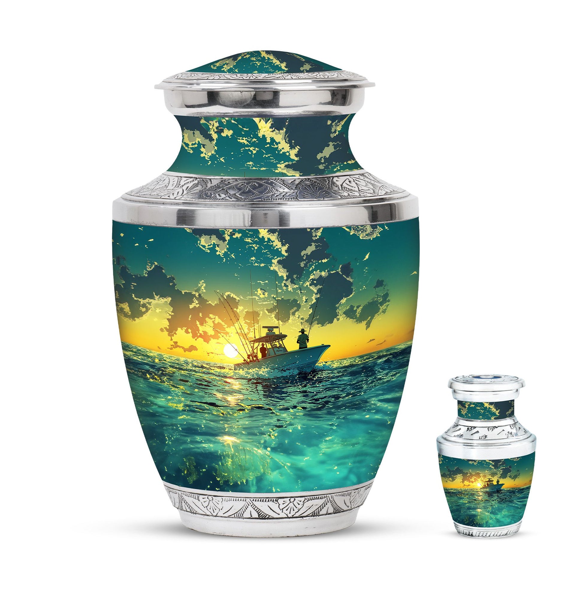 Fishing Theme Large Urn With 1 Keepsake Urn