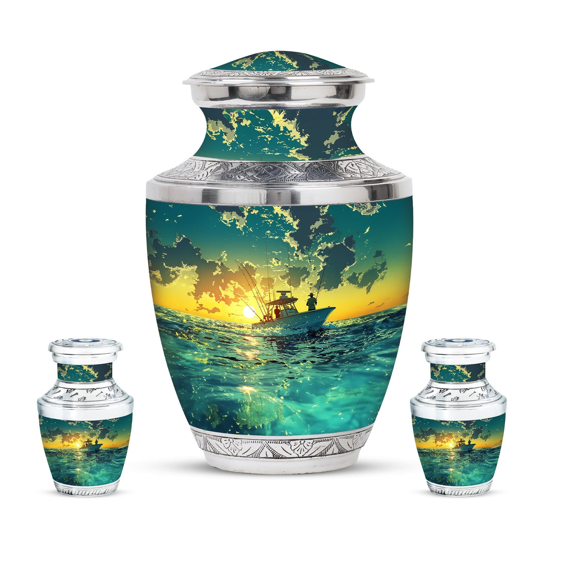 Fishing Theme Large Urn With 2 Keepsake Urn