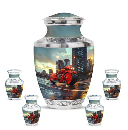 Motorcycle Theme Large Urn With 4 Keepsake Urn