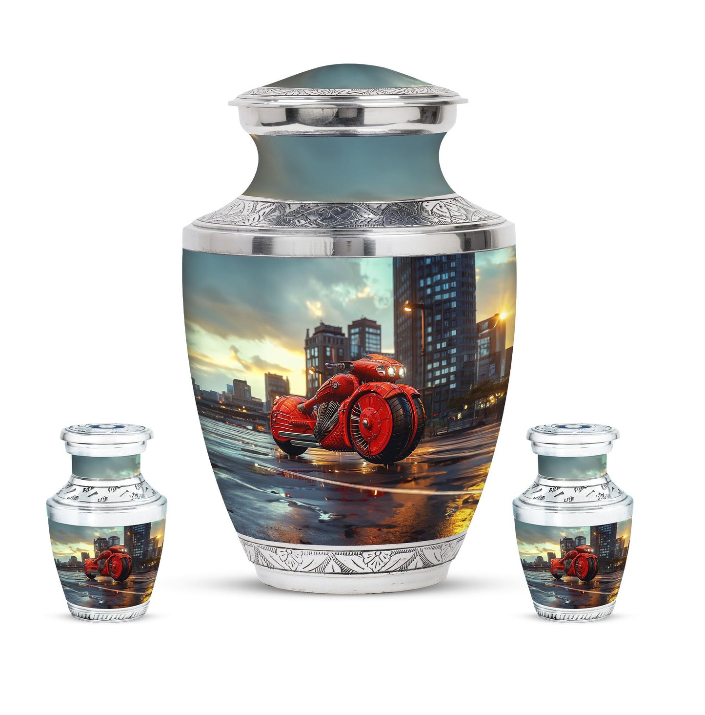 Motorcycle Theme Large Urn With 2 Keepsake Urn