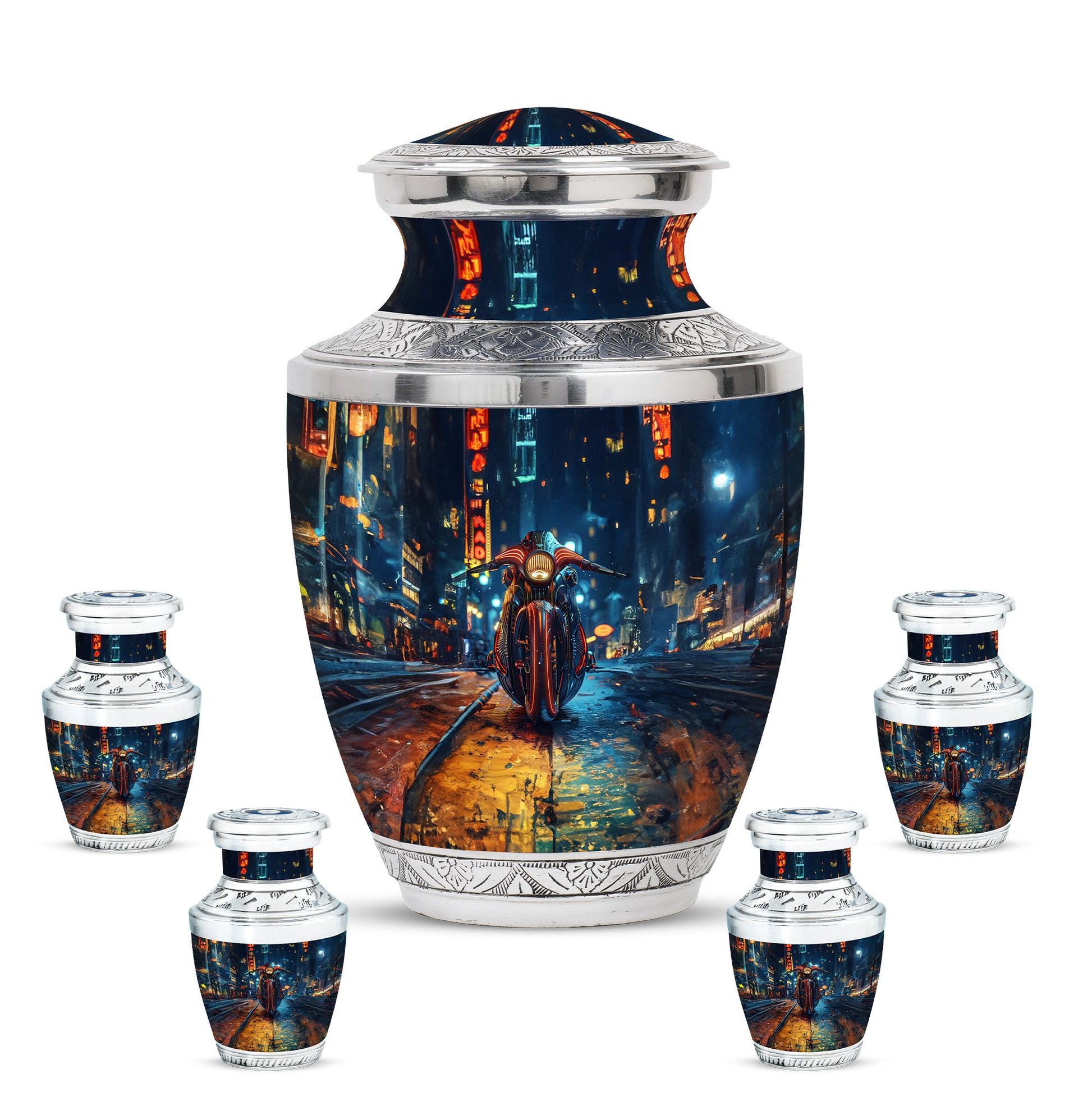 Motorcycle Theme Large Urn With 4 Keepsake Urn