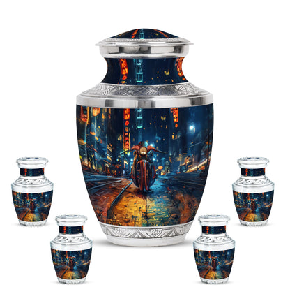 Motorcycle Theme Large Urn With 4 Keepsake Urn
