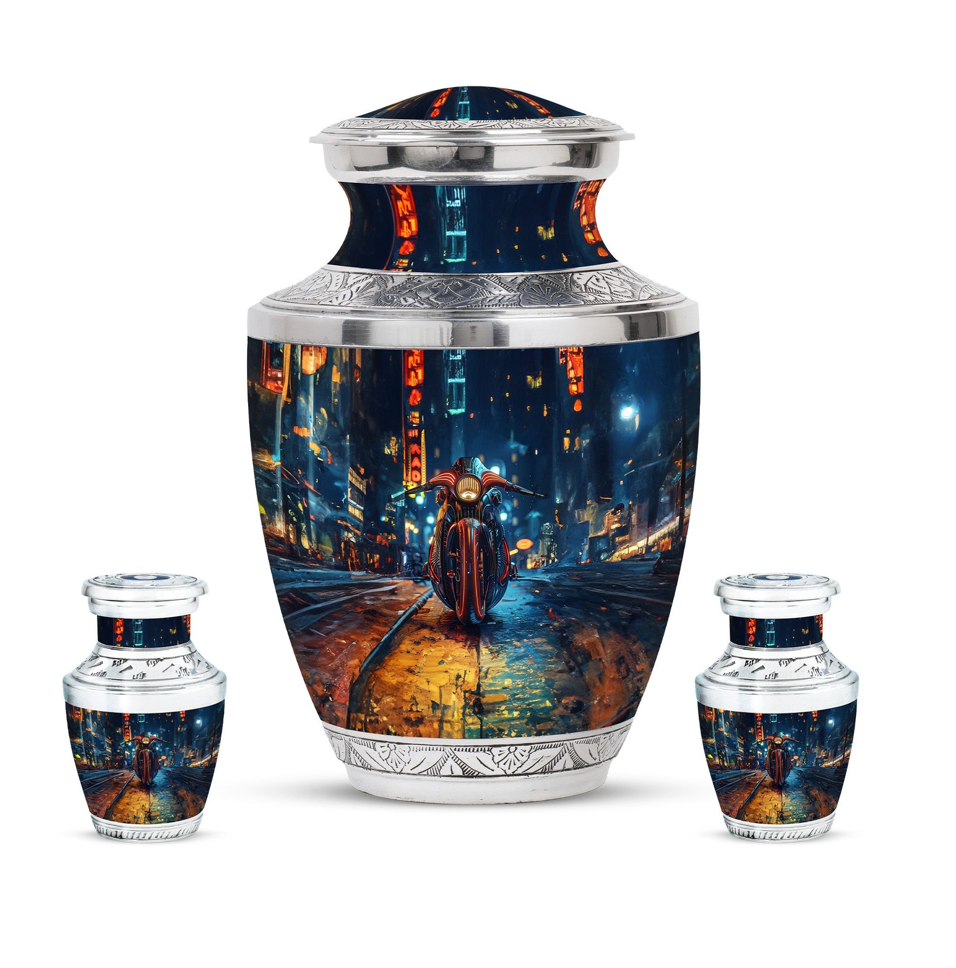 Motorcycle Theme Large Urn With 2 Keepsake Urn