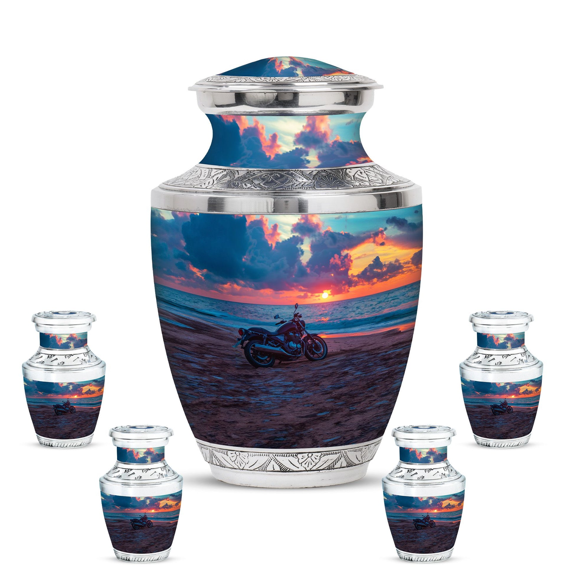 Motorcycle Theme Large Urn With 4 Keepsake Urn