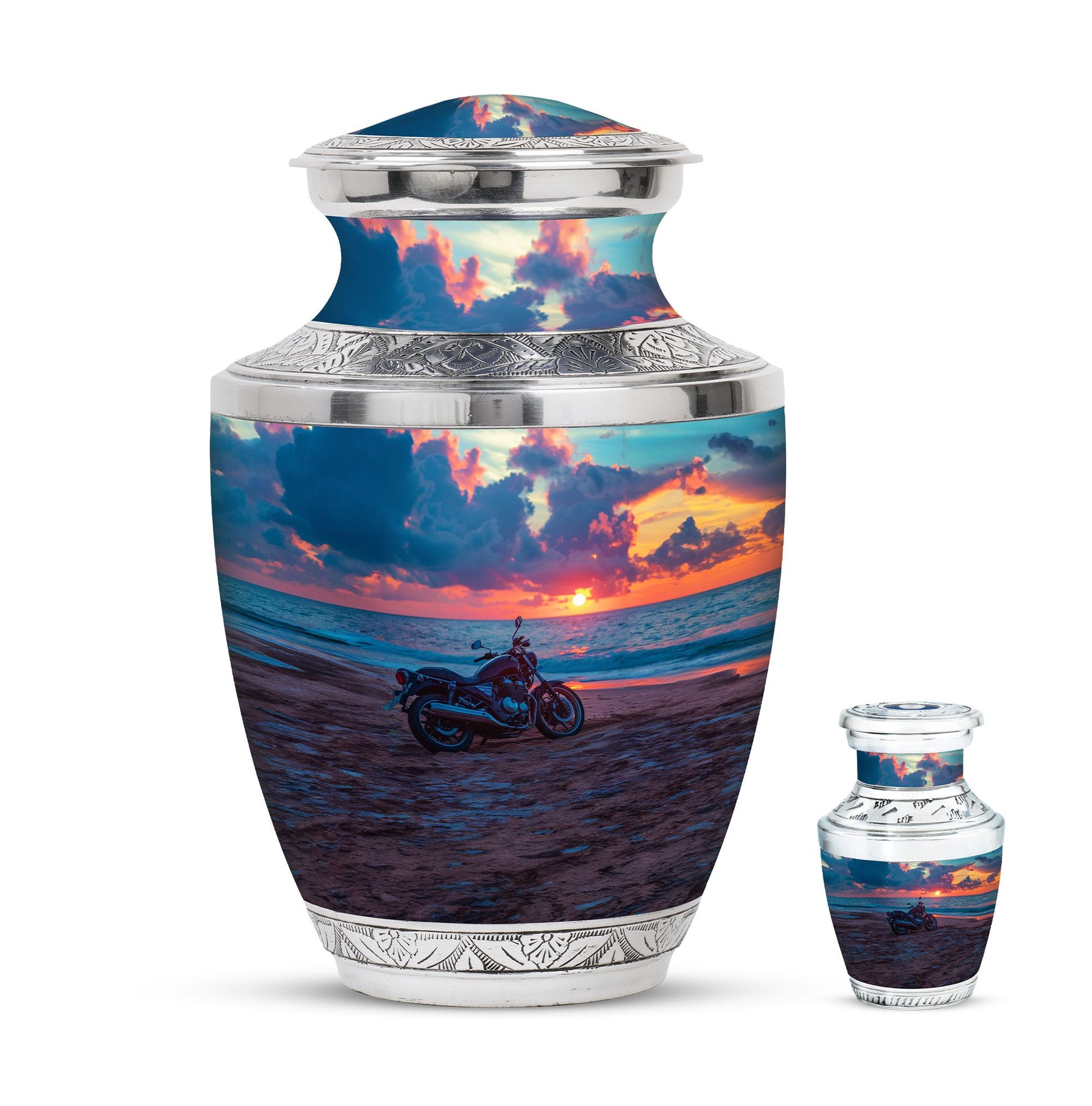 Motorcycle Theme Large Urn With 1 Keepsake Urn