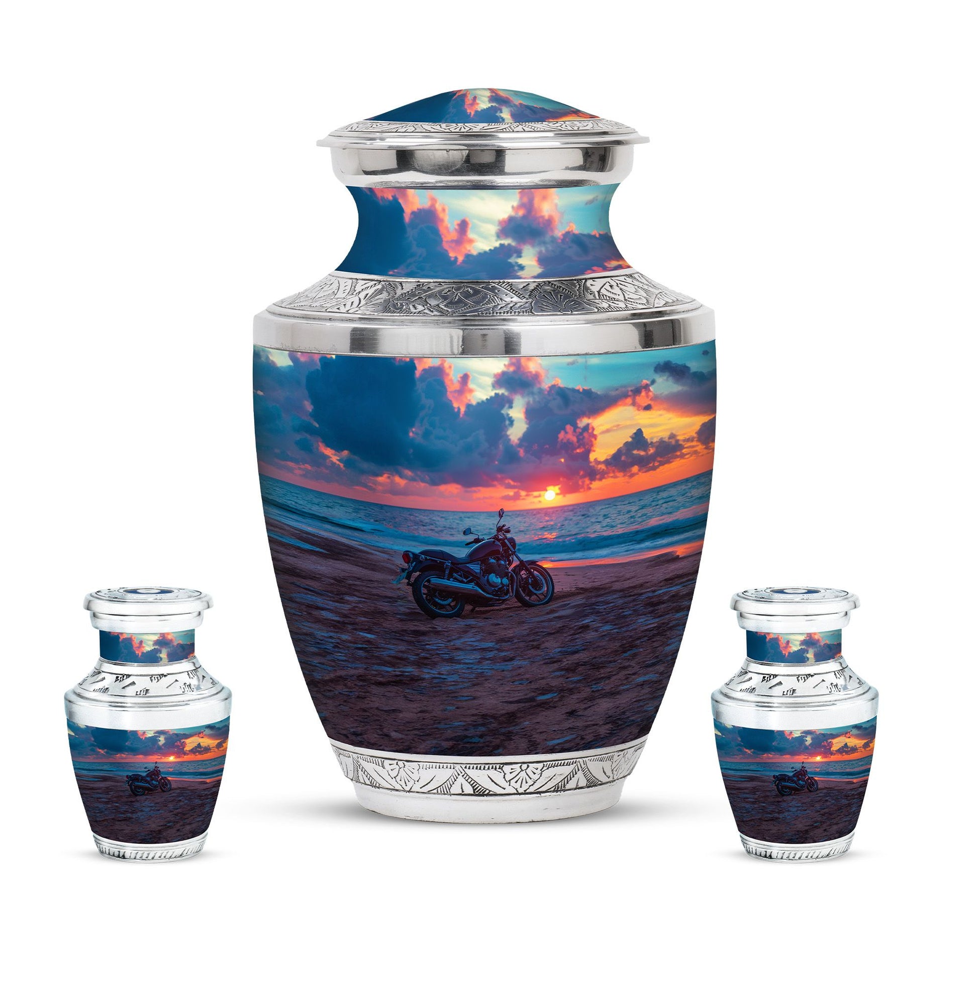 Motorcycle Theme Large Urn With 2 Keepsake Urn