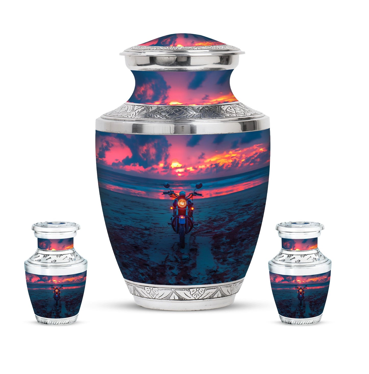 Motorcycle Theme Large Urn With 2 Keepsake Urn