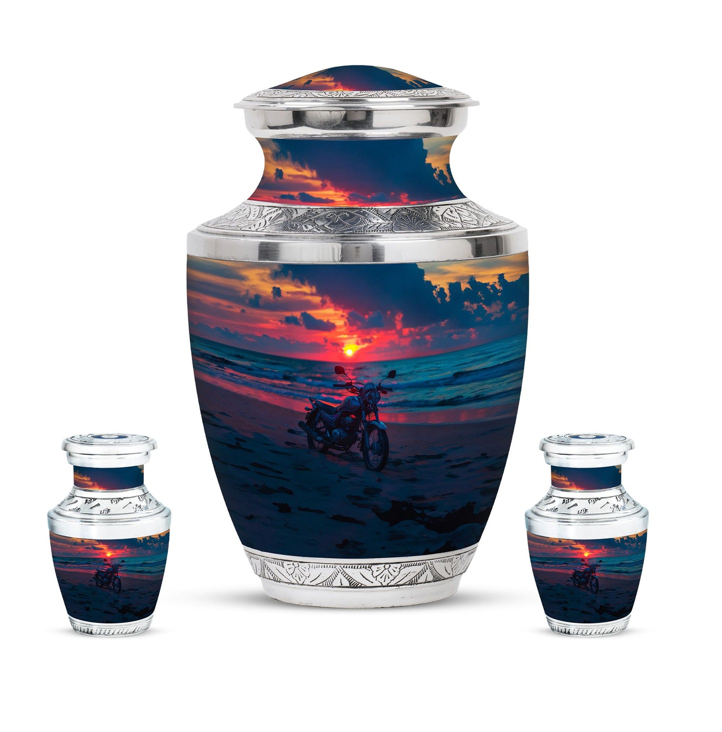 Motorcycle Theme Large Urn With 2 Keepsake Urn