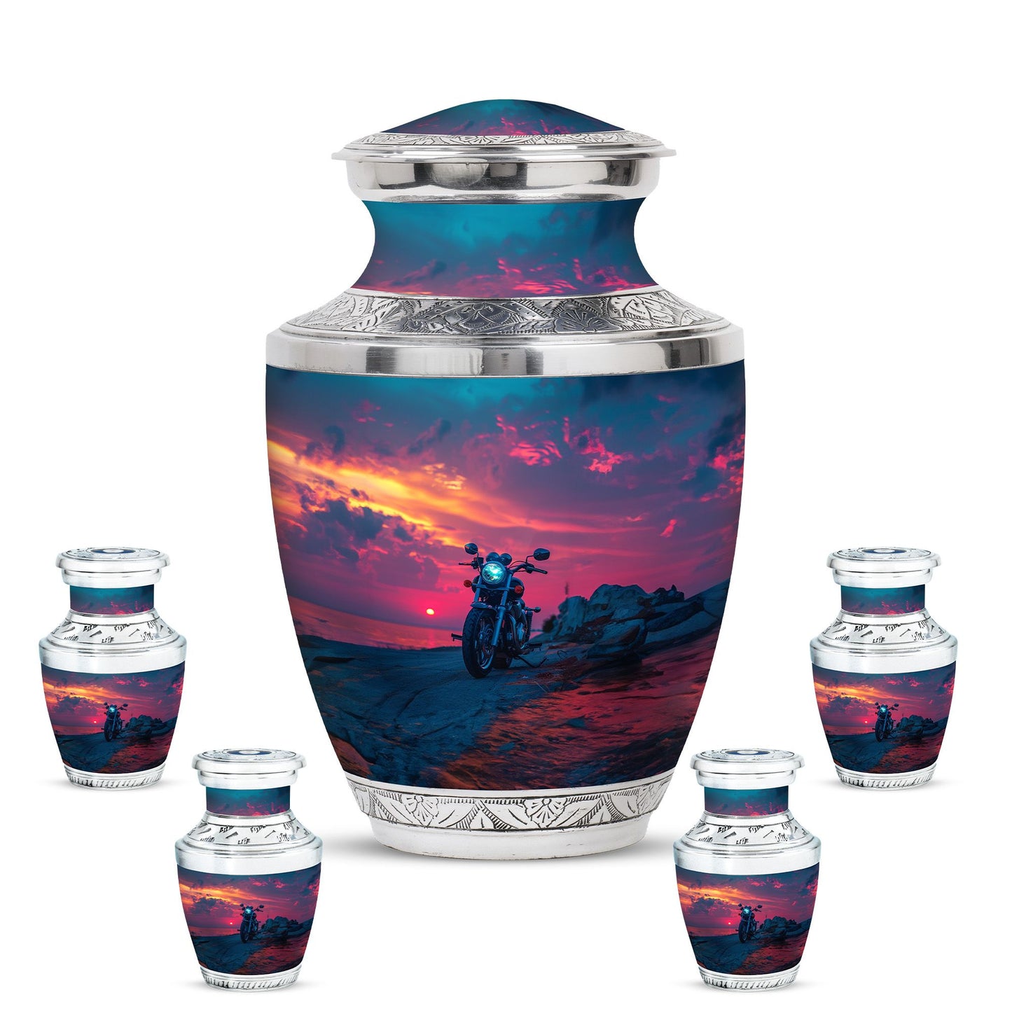 Motorcycle Theme Large Urn With 4 Keepsake Urn