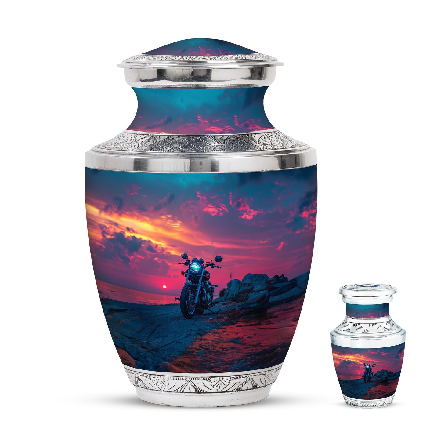 Motorcycle Theme Large Urn With 1 Keepsake Urn