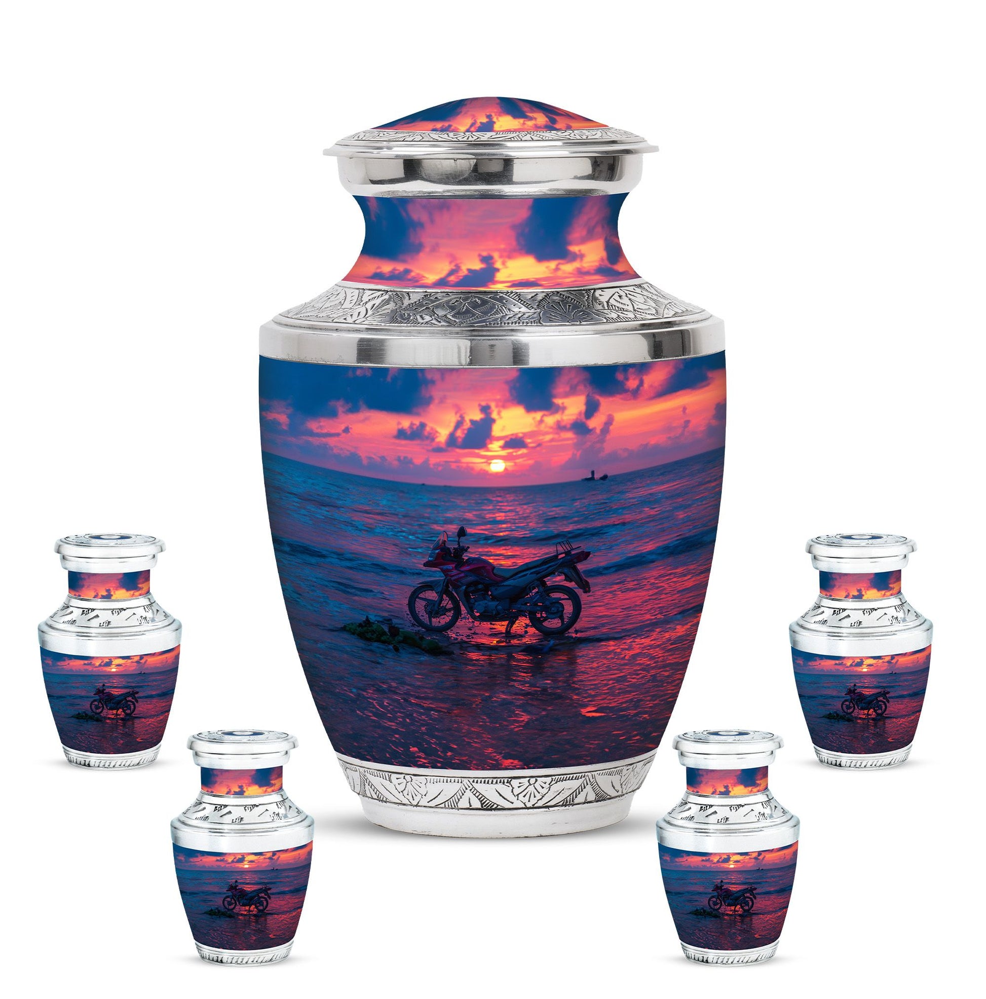 Motorcycle Theme Large Urn With 4 Keepsake Urn