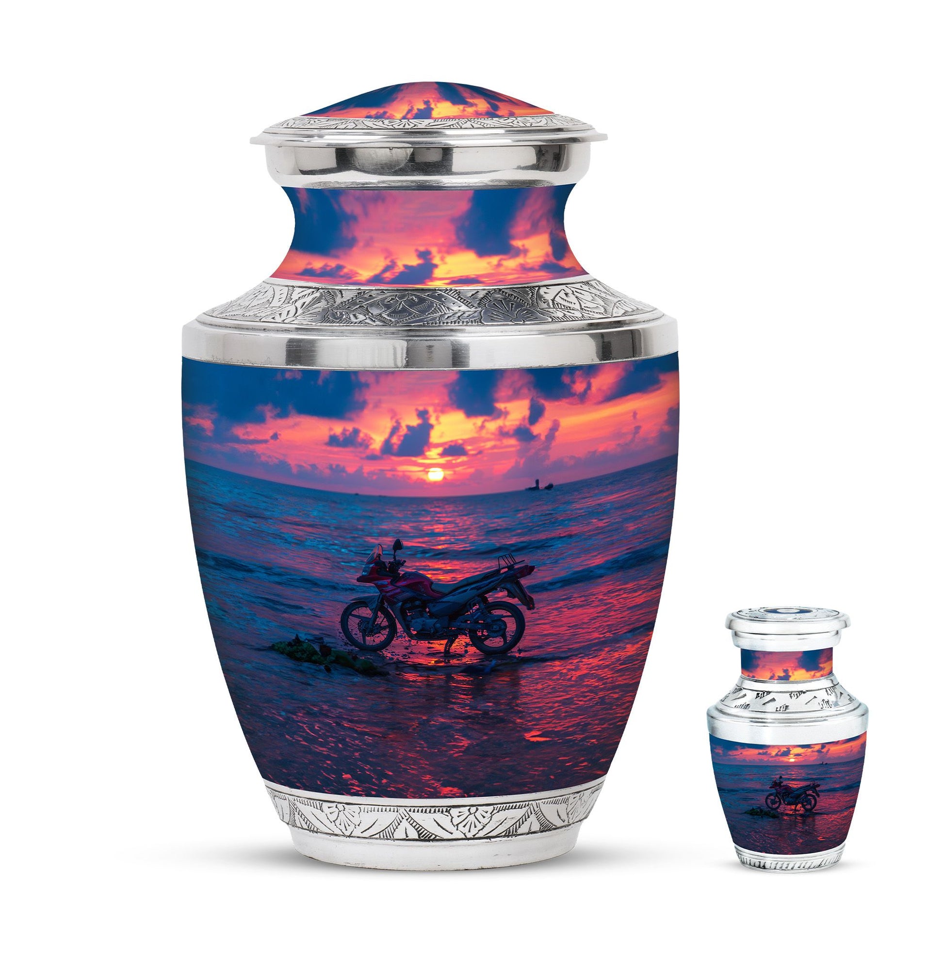 Motorcycle Theme Large Urn With 1 Keepsake Urn