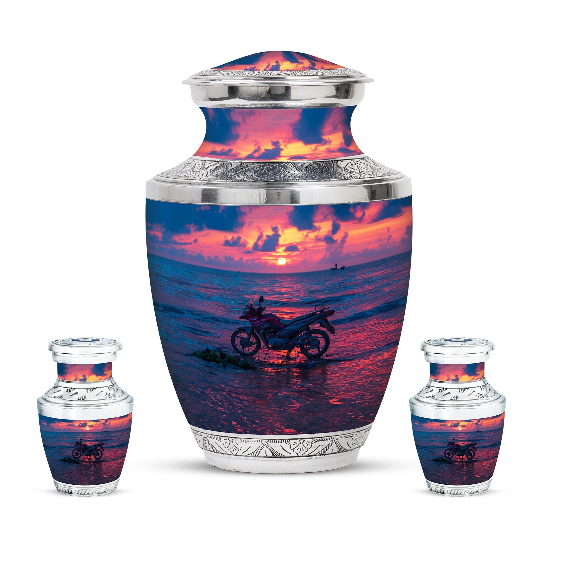 Motorcycle Theme Large Urn With 2 Keepsake Urn