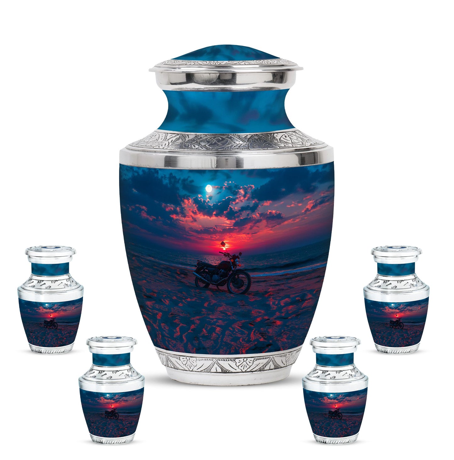 Motorcycle Theme Large Urn With 4 Keepsake Urn