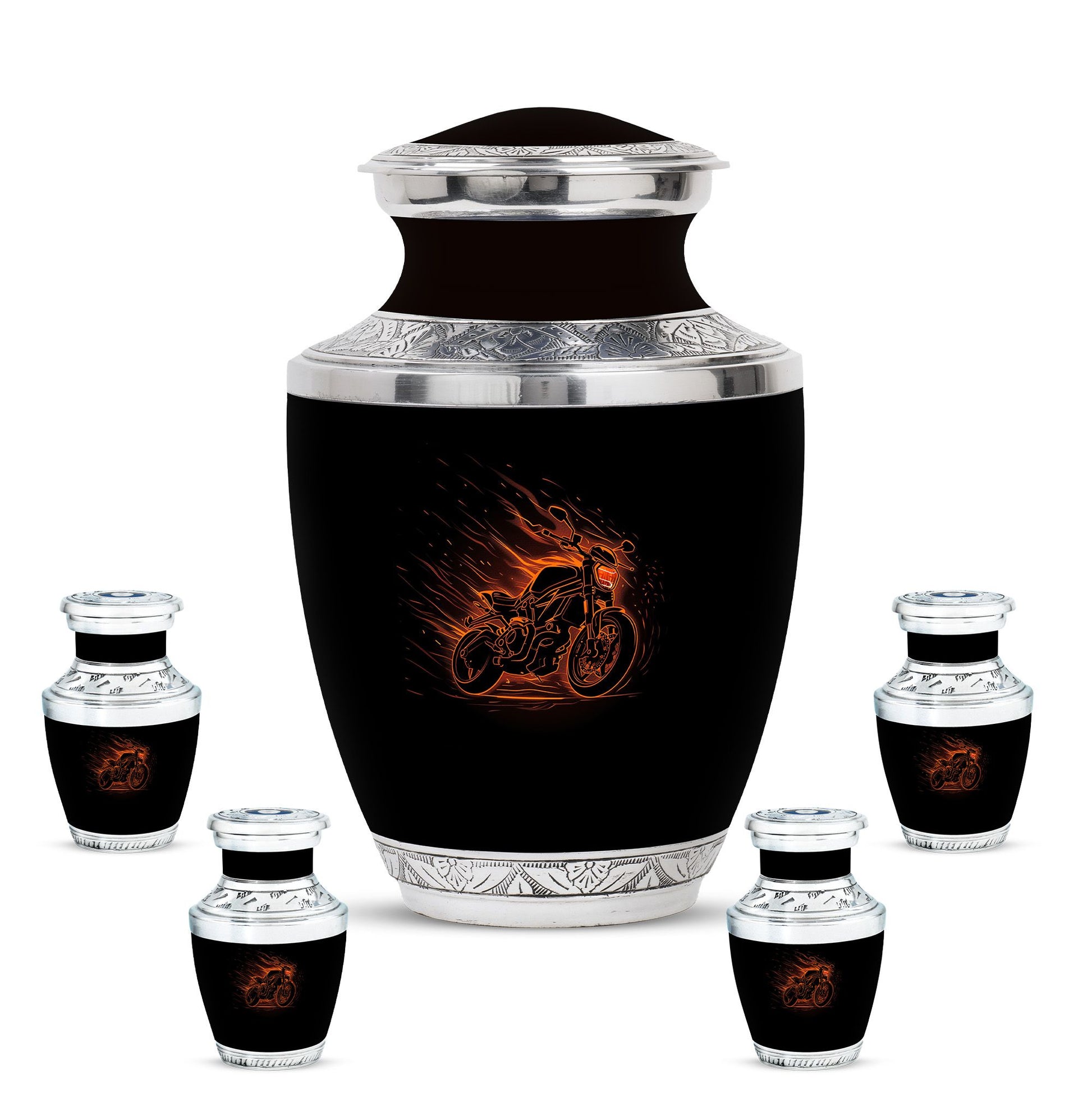 Motorcycle Theme Large Urn With 4 Keepsake Urn