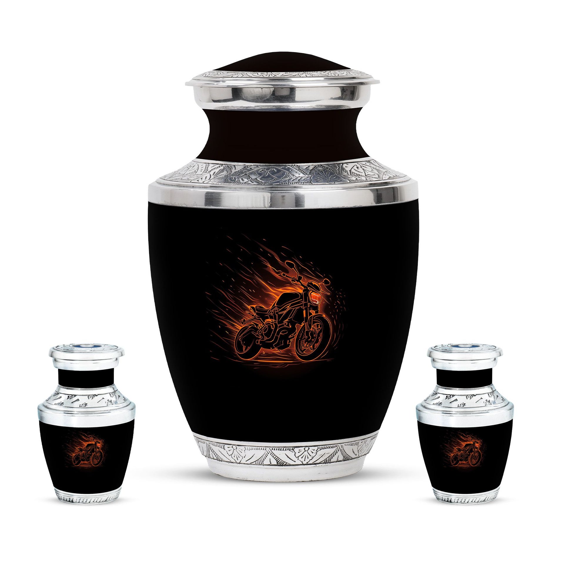 Motorcycle Theme Large Urn With 2 Keepsake Urn