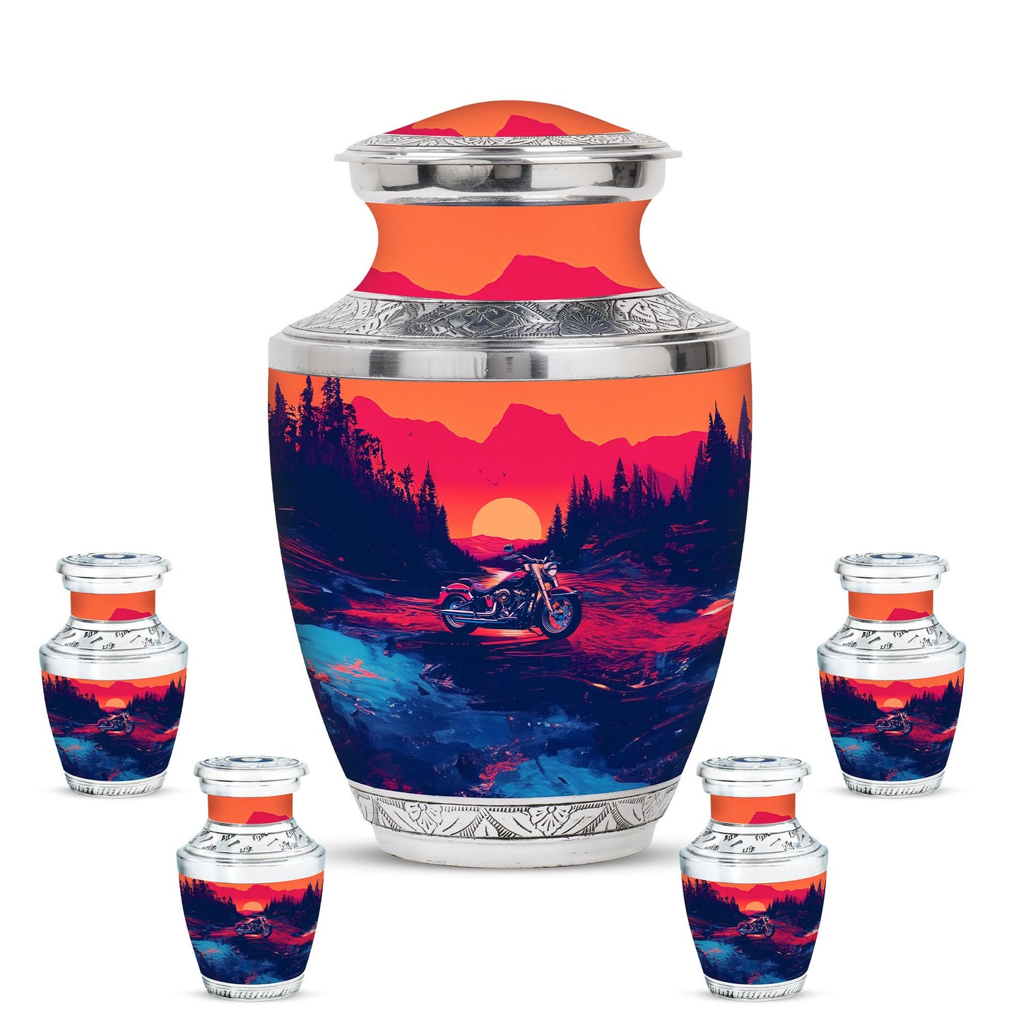 Motorcycle Theme Large Urn With 4 Keepsake Urn
