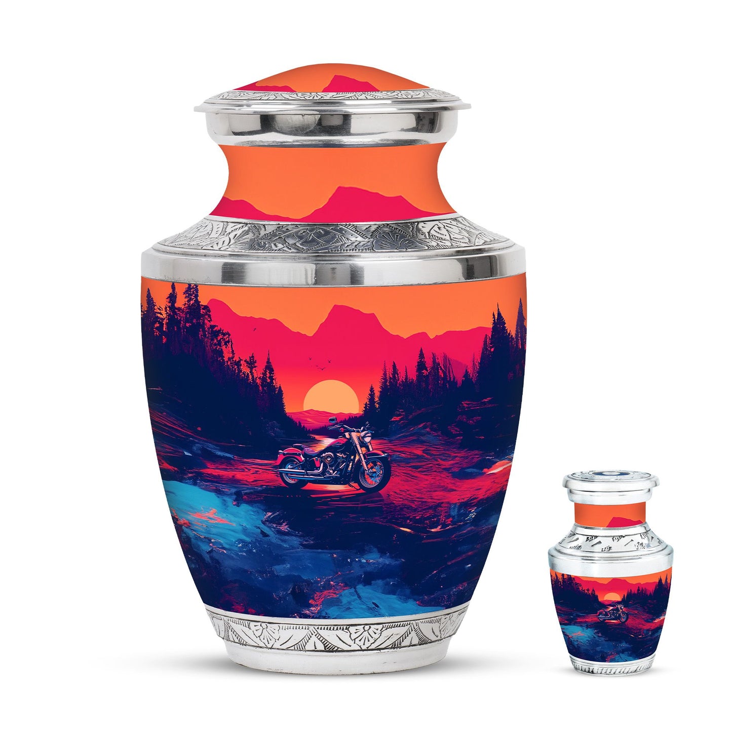 Motorcycle Theme Large Urn With 1 Keepsake Urn