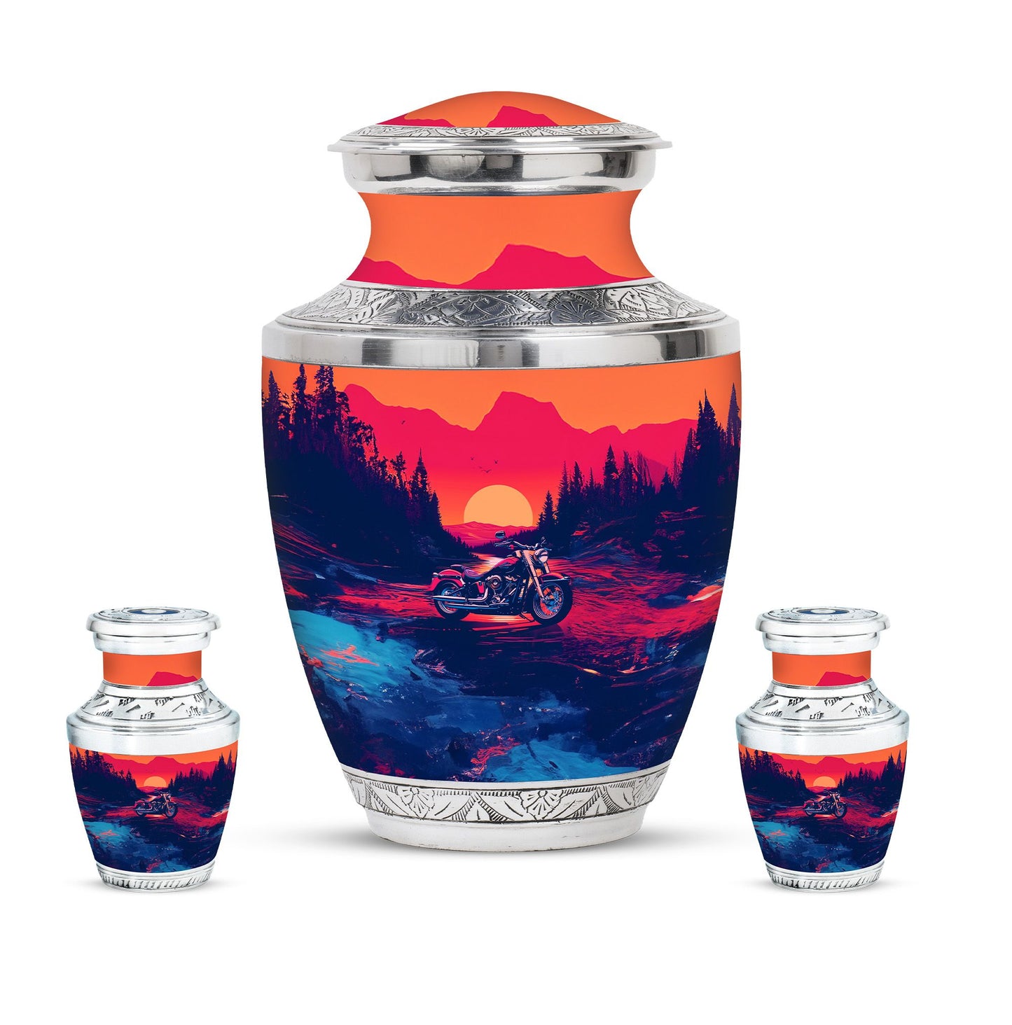 Motorcycle Theme Large Urn With 2 Keepsake Urn
