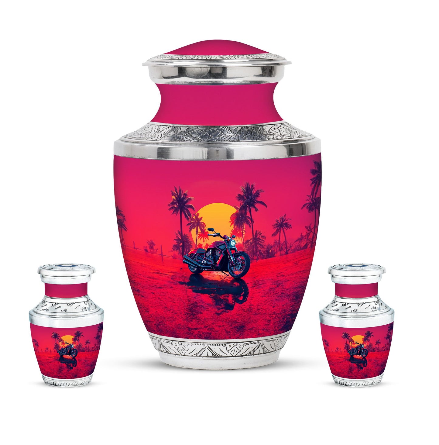 Motorcycle Theme Large Urn With 2 Keepsake Urn