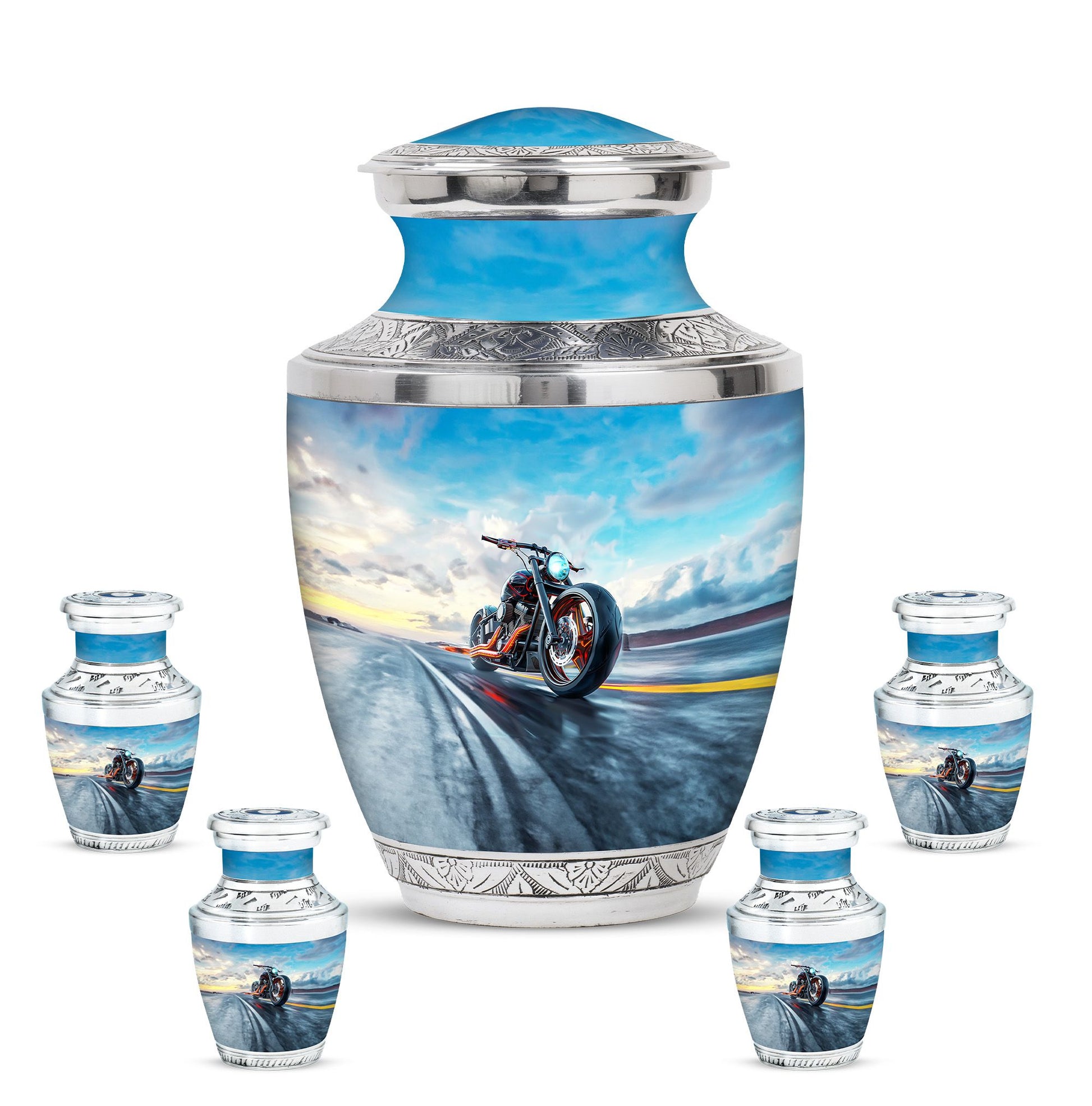 Motorcycle Theme Large Urn With 4 Keepsake Urn