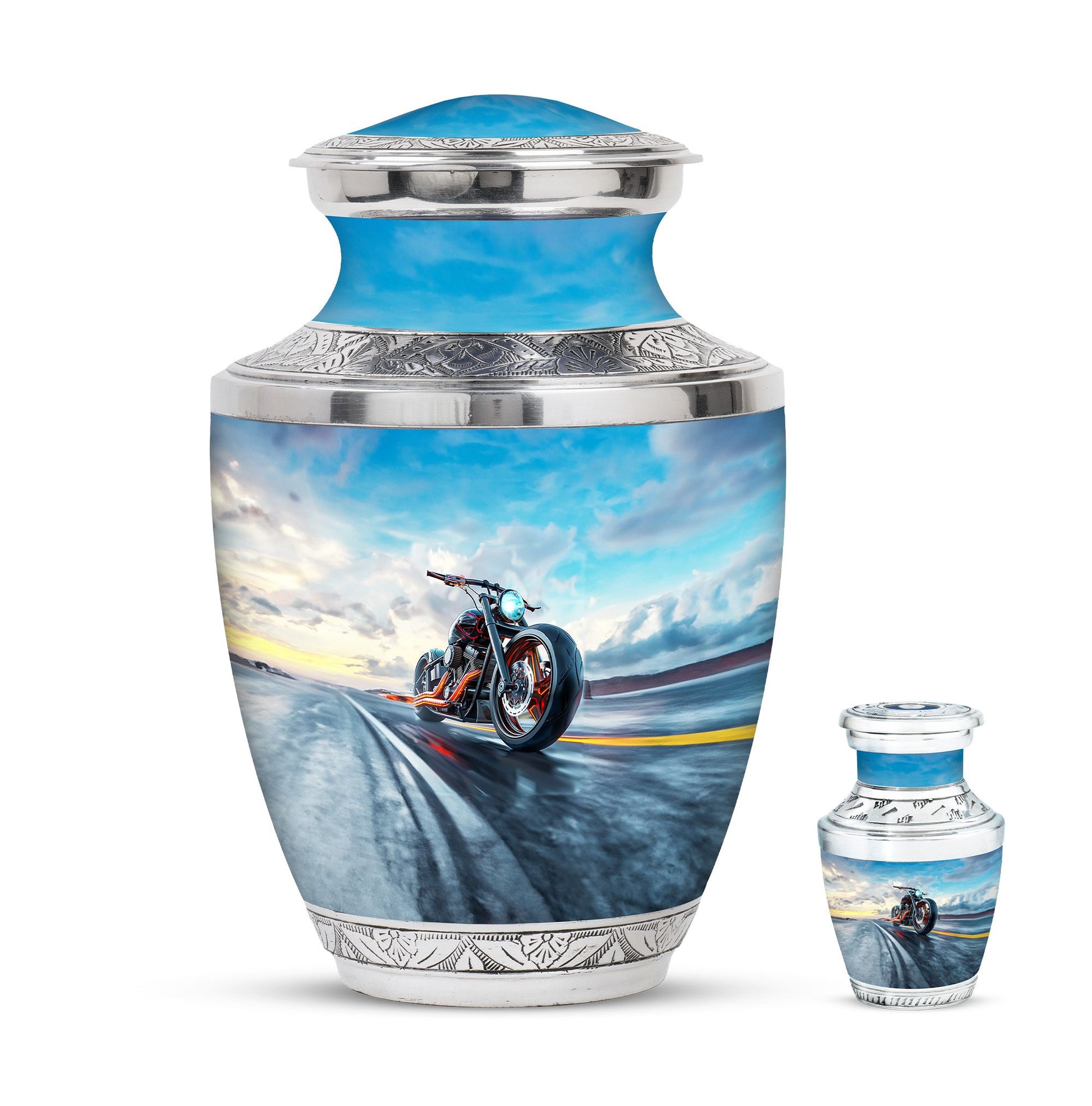 Motorcycle Theme Large Urn With 1 Keepsake Urn