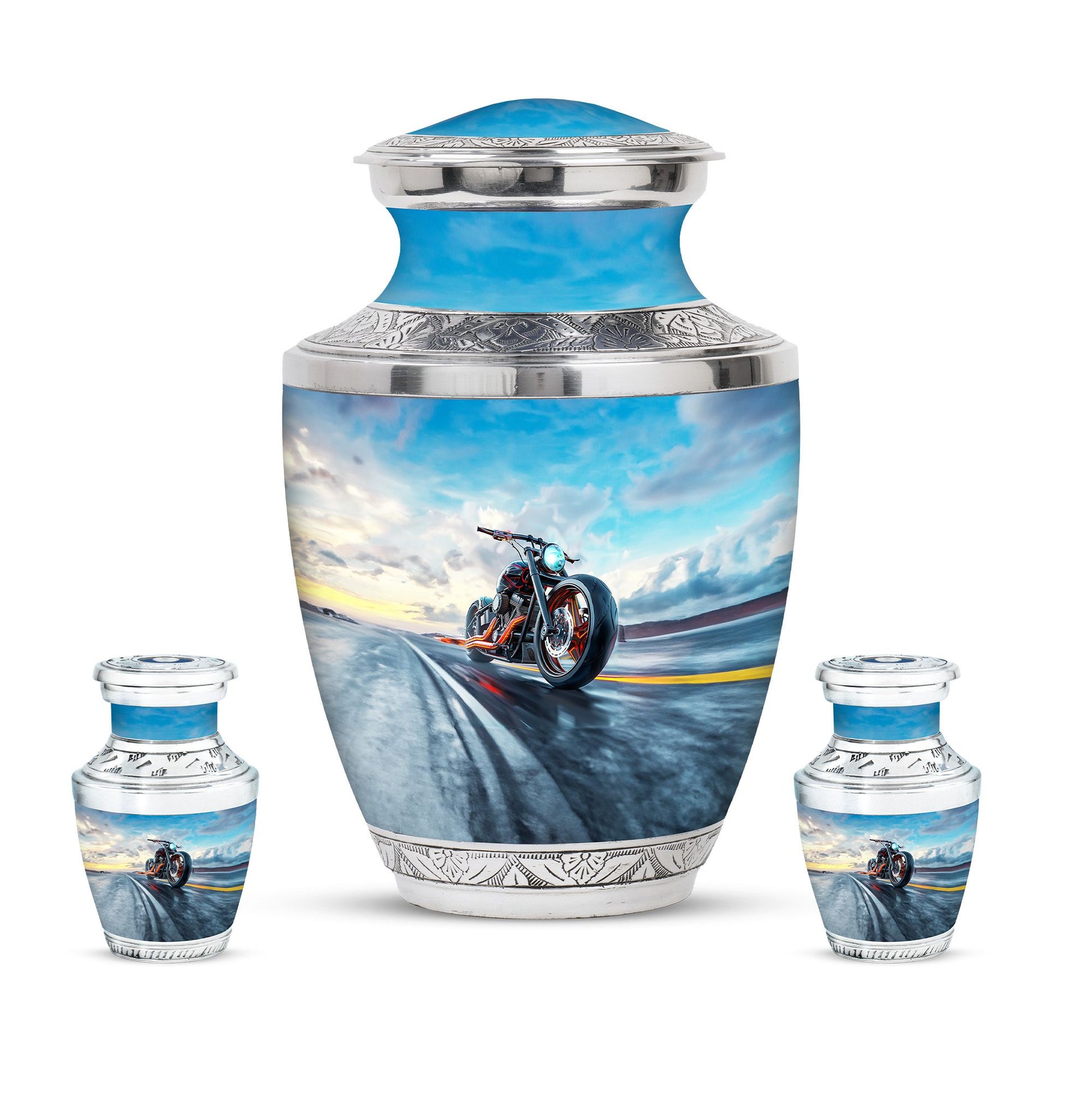 Motorcycle Theme Large Urn With 2 Keepsake Urn