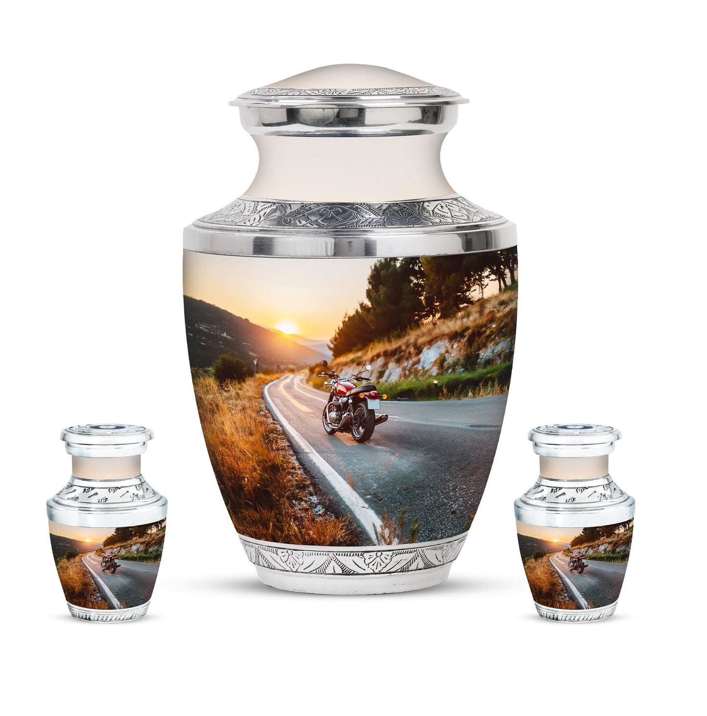 Motorcycle Theme Large Urn With 2 Keepsake Urn